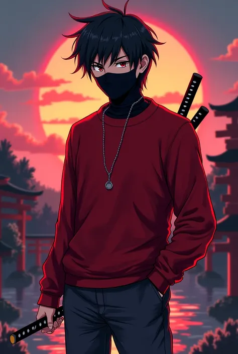 Create an anime-style full-body character wearing a red sweatshirt and a black face mask. He has dark, slightly messy hair and deep brown eyes, giving him a calm yet intense expression. He is holding a long katana in one hand with a confident yet relaxed p...