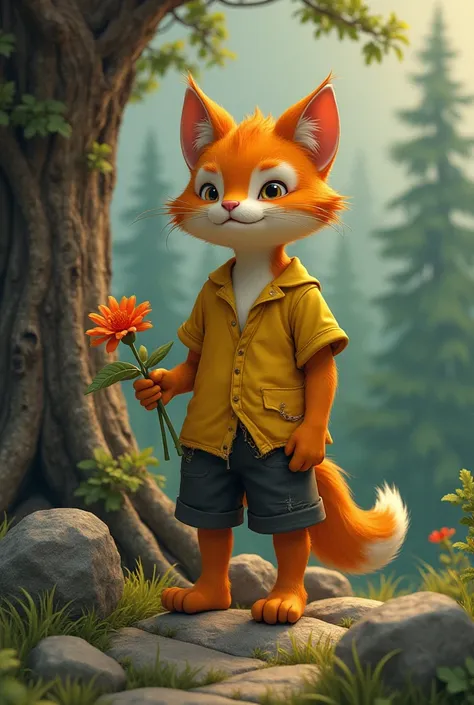 handsome little orange cat shifter wearing a tattered yellow shirt, black short pants and no shoes while holding a flower standing infront of small rocks been put together under a dying tree on a hill with forest as the background