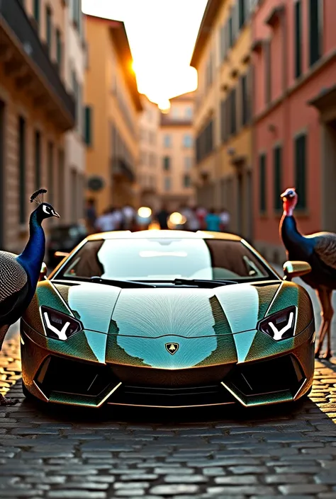 "A luxurious Lamborghini with a custom paint job reflecting the vibrant plumage of a peacock and the rich earthy tones of a turkey is parked on a charming cobblestone street in Italy. The car’s body shimmers with iridescent blues and greens, while hints of...