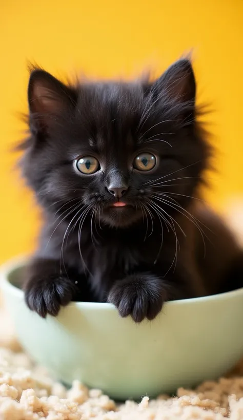 An adorable, fluffy baby black kitten sitting inside a bowl. The kitten has soft, slightly messy fur, making it look extra cuddly. Its mouth is closed, but it has a warm, happy expression, with large, sparkling eyes that radiate joy. The background is brig...