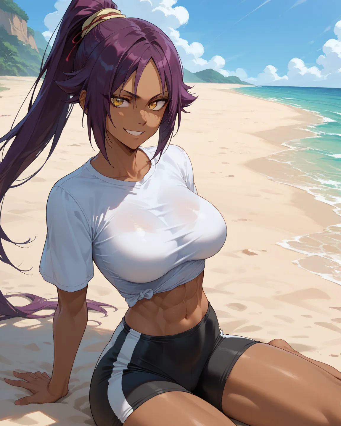 beach, sea, sand, the anime , big breasts,  Smile , 
woman ,beachні шорти,  tight t-shirt, yoruichi bleach 