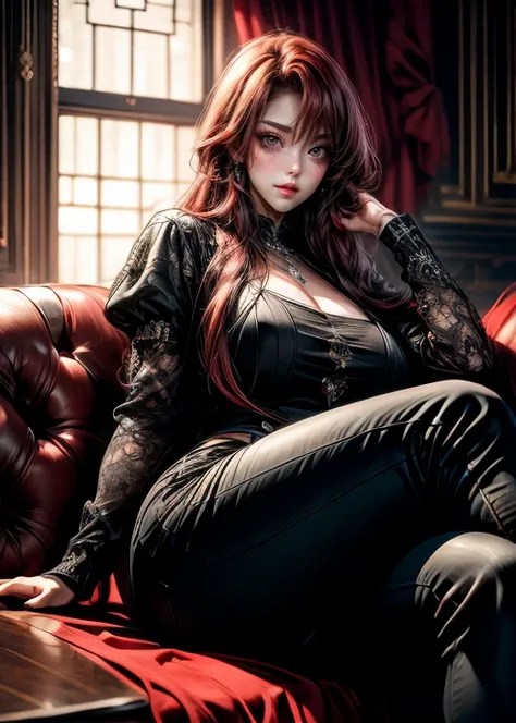 best quality, masterpiece, realistic image, intricate details, raw photo, ultra detailed, fully long crimson red color hair, with very long red bangs covering one eye and cheek ,young woman, with expensive intricate black top.0:5 and black skinny black pan...