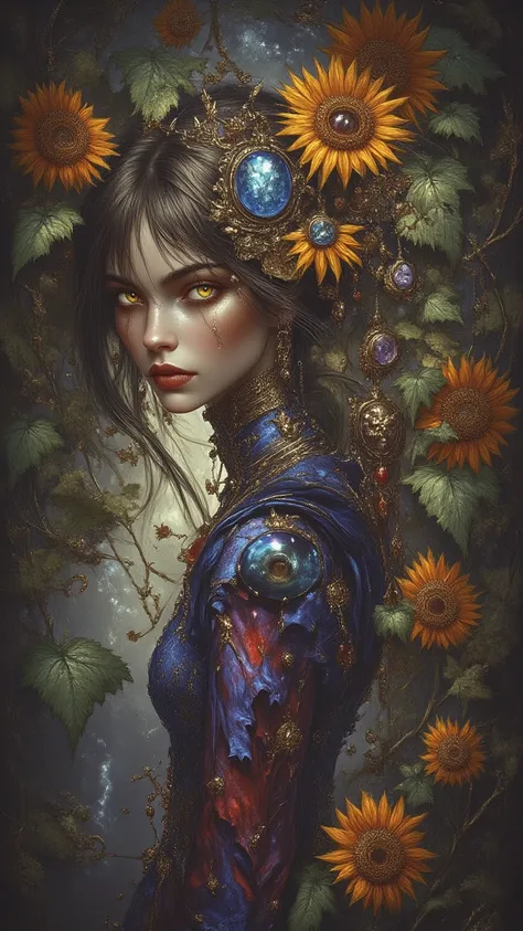  Masterpiece, 最 high quality,  high resolution, (  Absurdly ,  high quality ,  super detailed ) ,( Handmade ) ,  1 girl, Alone,  matured,  very long hair, Sunflower Hair ,  The beautiful crystal eye in the upper left corner  ( Eye details ) Baroque,  neckl...