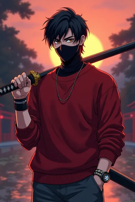 Create an anime-style full-body character wearing a red sweatshirt and a black face mask. He has dark, slightly messy hair and deep brown eyes, giving him a calm yet intense expression. He is holding a long katana in one hand with a confident yet relaxed p...