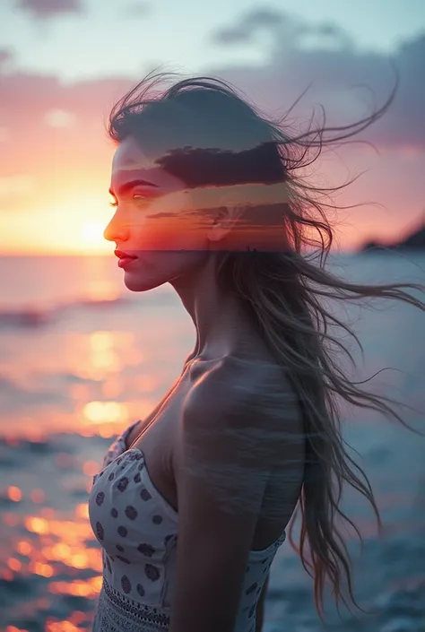  high quality, 8K ultra HD, Una hermosa  double exposure que combina una silueta de diosa con la costa al atardecer,  the coast at dusk should serve as a backdrop,  with its details incorporated in the goddess, sharp lines, The background is monochrome,  s...