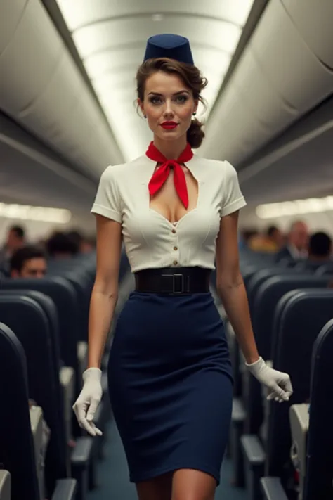 an airliner. a beautiful air hostess walks towards us. she wears red lipstick and black eyeshadow. she has brown hair tied up in a bun. she wears a dark blue small pillbox hat. she wears a skintight short sleeved white open necked blouse. she wears a littl...