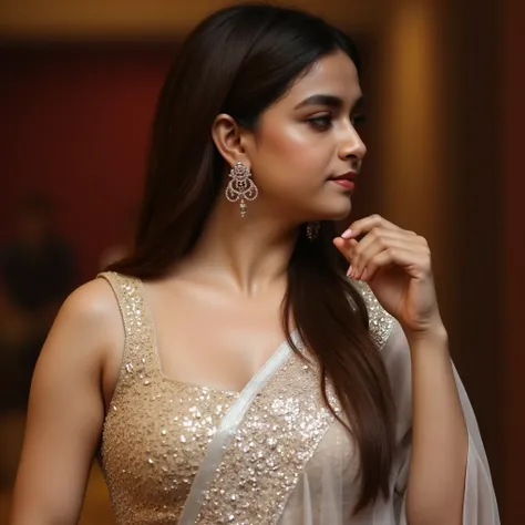 Beautiful girl wearing a saree. Show her side view. She is showing her ass & thighs. Realistic, detailed, cinematic lighting.Butt