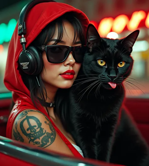 A cheeky cool beauty rides an old Cadillac 、A woman wearing a stylish red hood and sunglasses with a skull pattern is cute and has won many Peace Sign awards with a cute, very large black cat next to her in the same pose,  character design , tongue,  doya ...