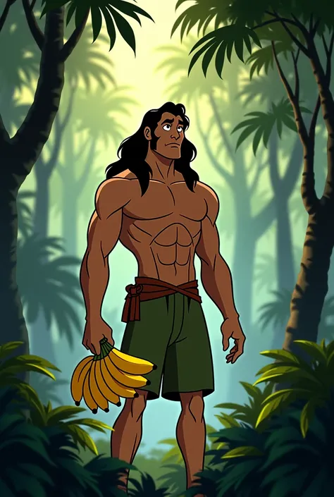 there is a man standing in the jungle with bananas, disney's tarzan, tarzan, in a jungle environment, in a jungle, jungles in the background, god of nature, background artwork, the jungle at the background, amidst nature, by John Luke, the dawn of man, jun...