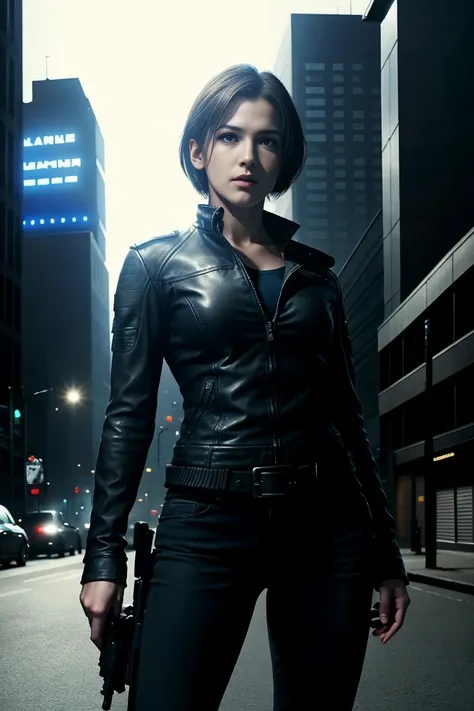 Masterpiece, best quality;
Jill Valentine;
High detail skin;
Big breast;
Black leather jacket;
Seductive face;
Long black jeans;
Dark city streets background;
Facing forward;
Look at camera;
Photo up to thigh.