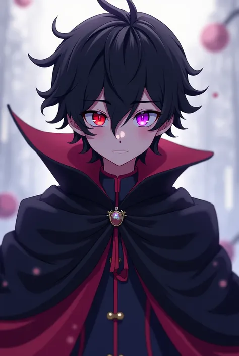 An animated man with red eyes on one side and purple eyes on one side, a short, soft, layered black cut, wearing a cape, and looking straight ahead