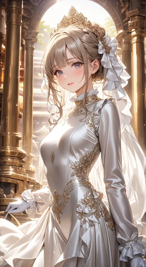  portrait 、god々Shining light、( masterpiece, top quality,  ultra high resolution ),Extremely detailed CG, Japanese Women,(( beautiful face)),(( long sleeve long sleeve dress made of shiny white silk satin in a luxurious temple))、((The dress has a gorgeous d...