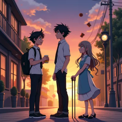 An anime-style dramatic sunset scene with a sky painted in vibrant hues of orange, purple, and pink, set on a quiet street blending modern and nostalgic elements to reflect a time-travel theme. Three central characters stand in the foreground, each portray...