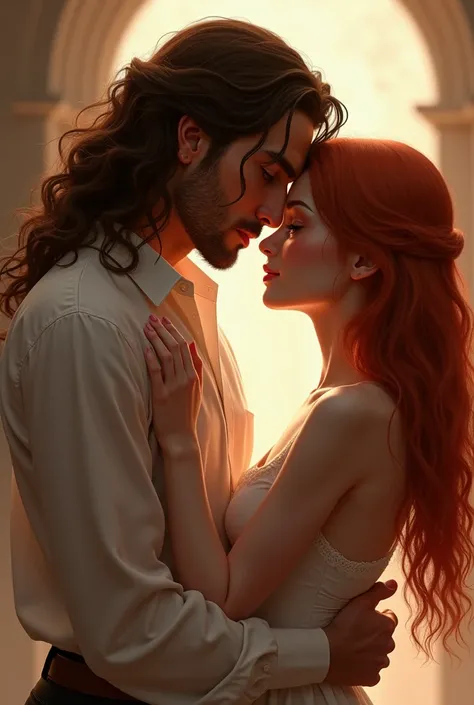 Brunette man with long curly hair embracing a straight red-haired woman