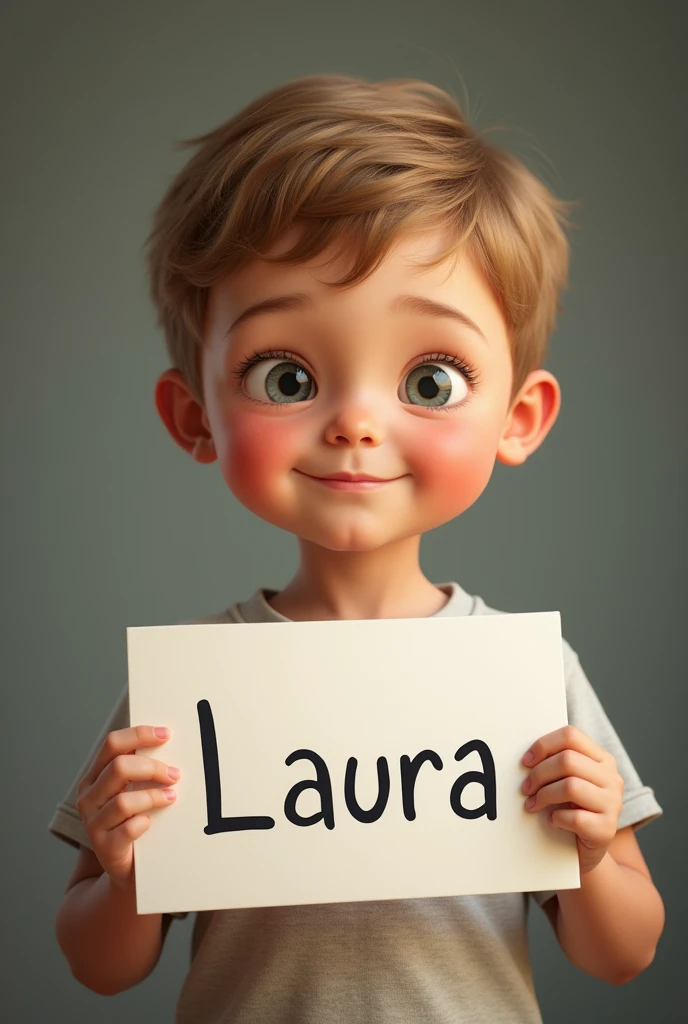 Boy with Down syndrome who has a sign that says "Laura"