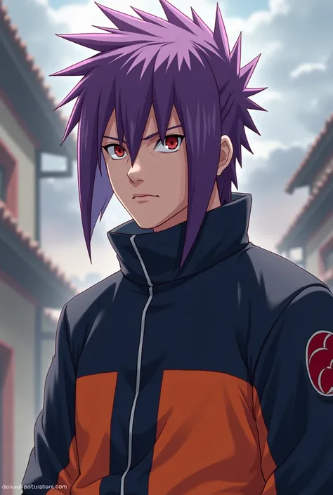 AI,  anime naruto Uzumaki, purple hair, firm face . 