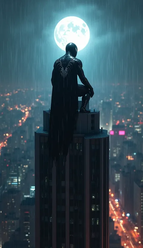 An intense, hyper-detailed portrayal of a shadowy arachnid warrior perched atop a gothic skyscraper, bathed in the eerie glow of a full moon. His suit is sleek, matte obsidian with photoreactive camouflage, shifting patterns across his body to blend into t...