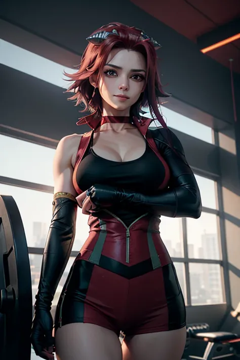 Realista 1.4, She is at the gym, academia, realistic 1.2, detailed eyes, shy smile, aki1, Izayoi Aki, alone,  mature woman , high,  elbow gloves , happiness, neckline,  choker, collar, black gloves, big breasts, wearing gym clothes, red tank top, red sport...