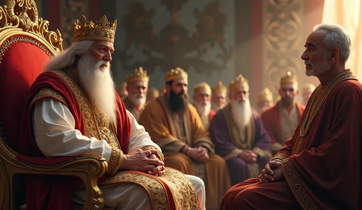 Seated on his throne, the king respectfully speaks to the sage, offering him wisdom and honor. The sage listens with a serene smile, while the courtiers nod in agreement.)