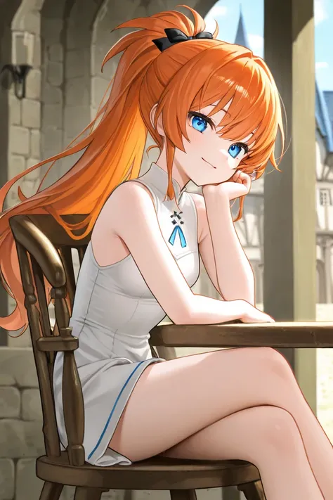  orange hair、 ponytail、 white sleeveless、 Medieval Buildings 、machine、 sit on a chair、 blue eyes、 small breasts、smile、wave hand