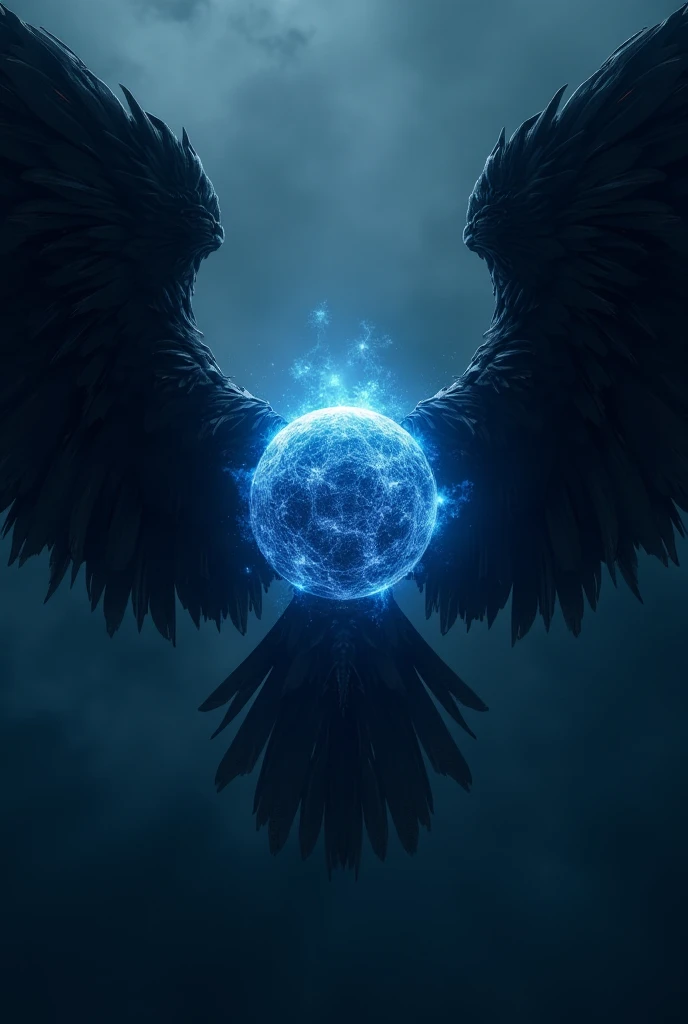  Create a dark blue shadow energy sphere image , inserted between a pair of black wings