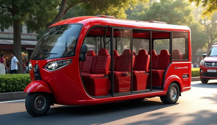 Three wheeler Create a hyper-realistic image of a Bajaj Maxima 100-seater auto rickshaw in a vibrant red color. The vehicle should feature a modern, aerodynamic design while maintaining its practicality and functionality. Showcase its spacious interior wit...