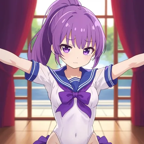 アイドルのような日本 woman ,((１ woman)), (  ponytail ), Round face ,((   bust up 、 purple sailor suit  ,   as shown in the picture  ,      high school 、A masterpiece of natural poses ,  purple hair, 