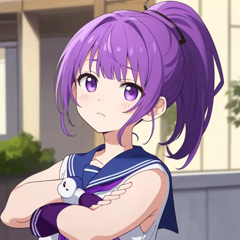 アイドルのような日本 woman ,((１ woman)), (  ponytail ), Round face ,((   bust up 、 purple sailor suit  ,   as shown in the picture  ,      high school 、A masterpiece of natural poses ,  purple hair, 