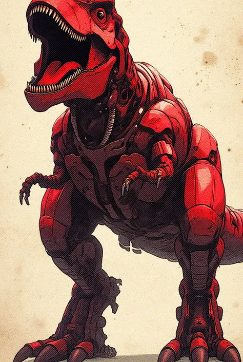 Robot in the shape of a tyrannosaurus, one robot, entire robot drawn, one tail, mouth wide open, leaning forward, color red metallic, two front legs, two back legs, robot is deformed. No background.