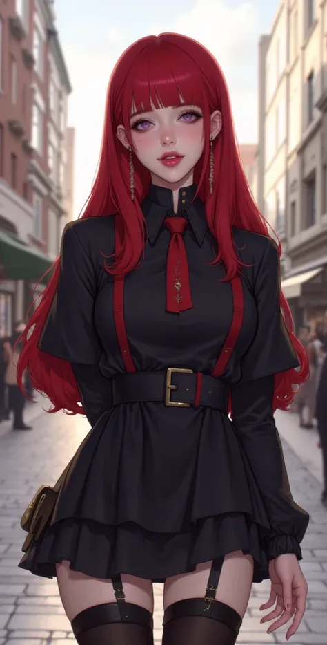  high resolution,  best quality,  high detail,  High quality, full length ,full frame, girl, red hair , Two half-tails,  big breasts, earrings,  purple eyes, makeup,  easy smile, scarlet lips,  Black short dress,  black stockings, gothic style, Clear Sky ,...