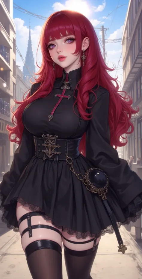  high resolution,  best quality,  high detail,  High quality, full length ,full frame, girl, red hair , Two half-tails,  big breasts, earrings,  purple eyes, makeup,  easy smile, scarlet lips,  Black short dress,  black stockings, gothic style, Clear Sky ,...