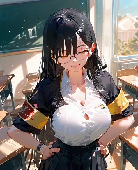  black hair， with long hair ，Glasses， shirt， black skirt，classroom，Chest Claim ，Hands on hips，yellow armband on one arm， smile，storehouse