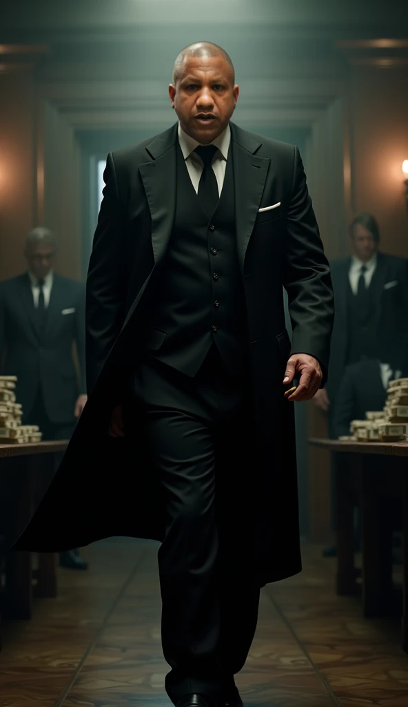 A powerful mafia boss walking with his gang , dimly lit office with a cigar in one hand . He wears a sharp, tailored black suit with a black tie, exuding confidence and authority. His piercing gaze and scarred face tell a story of battles won, stacks of ca...