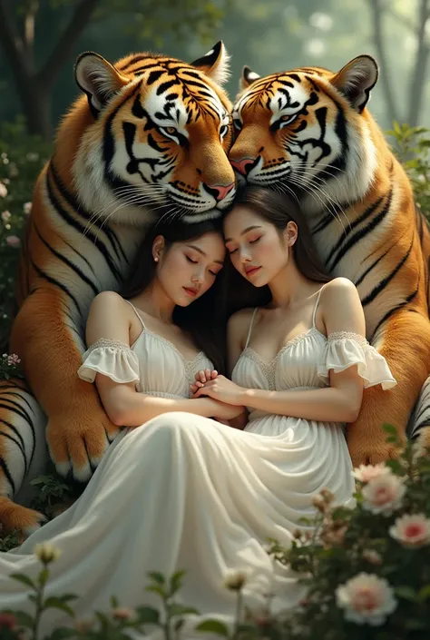 Girls in the arms of tigers