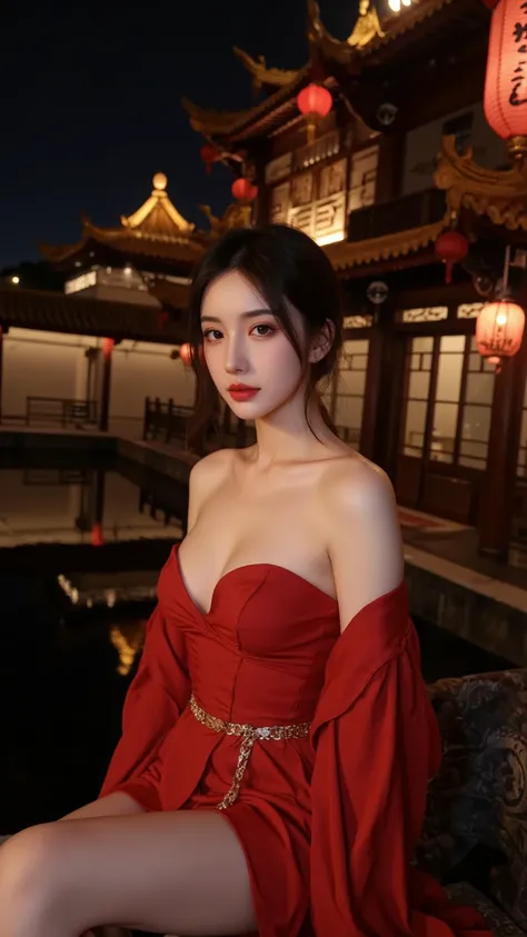  high resolution ,  high resolution ,  masterpiece,  best quality,  details, (night)，A pretty woman in a red costume，Both shoulders are leaking out，Next to an ancient Chinese building，whole body