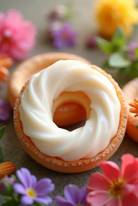 A white refreshments in a form of ring with almond paste inside with flowers background 