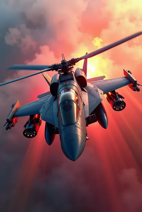 Create an image of fighter helicopter moving towards the screen front little down and tail up With color background 