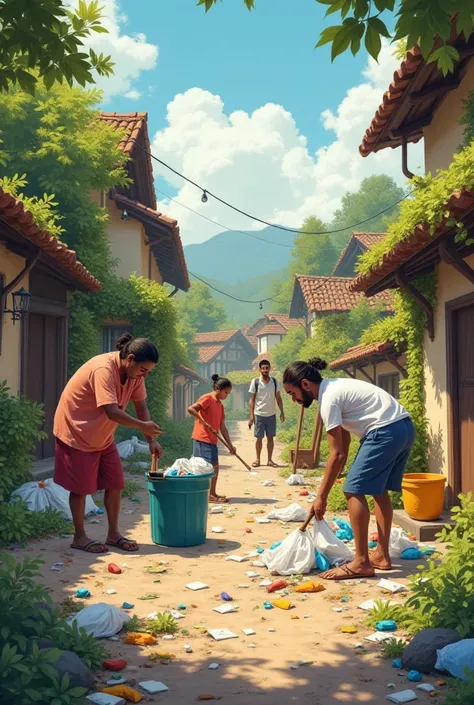 Live depiction of villagers helping each other clean up — a group of people in the village collecting rubbish, making the community cleaner.