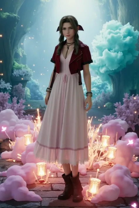 Imagine Aerith Gainsborough standing in a watercolor-painted dreamscape. Her figure is delicate, almost translucent, surrounded by splashes of pastel blues, lavenders, and pinks that blur into a soft, ethereal world, 