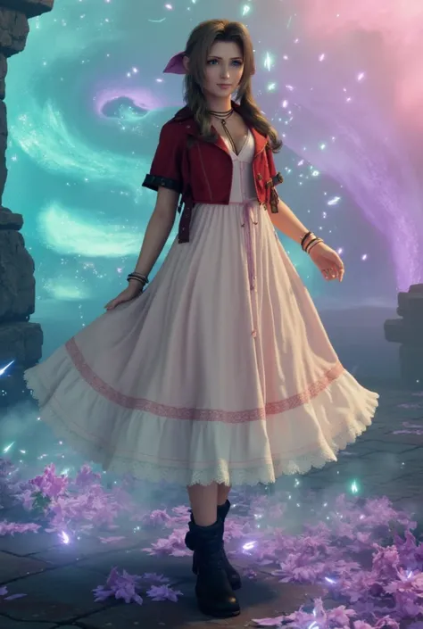 Imagine Aerith Gainsborough standing in a watercolor-painted dreamscape. Her figure is delicate, almost translucent, surrounded by splashes of pastel blues, lavenders, and pinks that blur into a soft, ethereal world, 