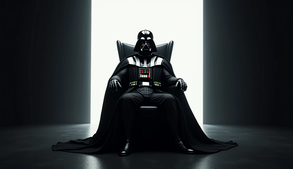 darth vader sitting on mysterious chair, backgrounds left side completely pitch dark black, right side complete white