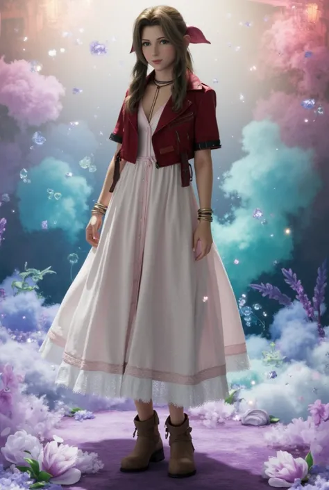 Imagine Aerith Gainsborough standing in a watercolor-painted dreamscape. Her figure is delicate, almost translucent, surrounded by splashes of pastel blues, lavenders, and pinks that blur into a soft, ethereal world, 