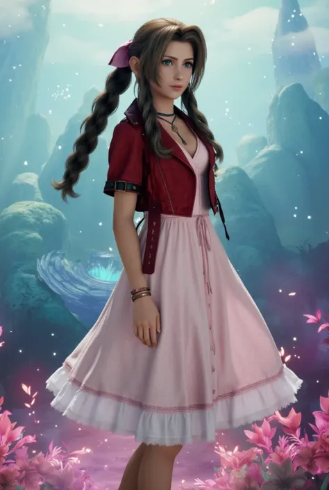 Imagine Aerith Gainsborough standing in a watercolor-painted dreamscape. Her figure is delicate, almost translucent, surrounded by splashes of pastel blues, lavenders, and pinks that blur into a soft, ethereal world, 