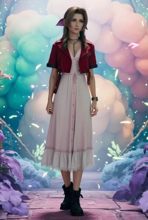 Imagine Aerith Gainsborough standing in a watercolor-painted dreamscape. Her figure is delicate, almost translucent, surrounded by splashes of pastel blues, lavenders, and pinks that blur into a soft, ethereal world, 