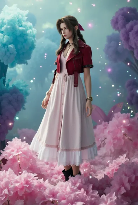 Imagine Aerith Gainsborough standing in a watercolor-painted dreamscape. Her figure is delicate, almost translucent, surrounded by splashes of pastel blues, lavenders, and pinks that blur into a soft, ethereal world, 