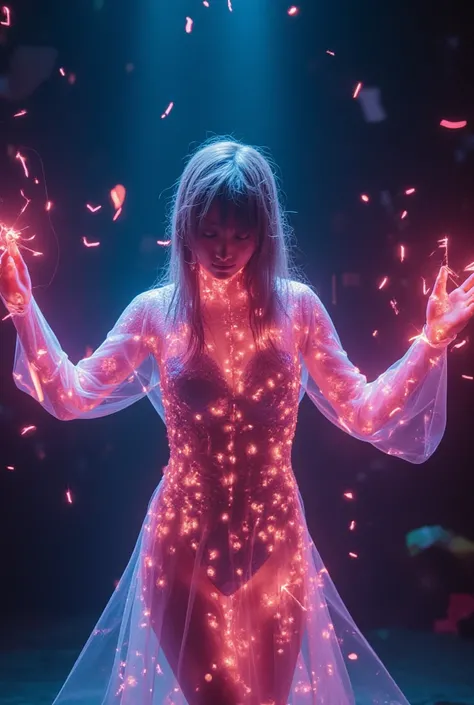 Her silhouette is illuminated, glowing softly. From her figure, trails of light radiate outward like glowing fireflies, adding a mystical touch to her movements. Neon lights swirl around her, accompanied by light particles that enhance the magical atmosphe...