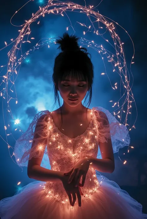 Her silhouette is illuminated, glowing softly. From her figure, trails of light radiate outward like glowing fireflies, adding a mystical touch to her movements. Neon lights swirl around her, accompanied by light particles that enhance the magical atmosphe...