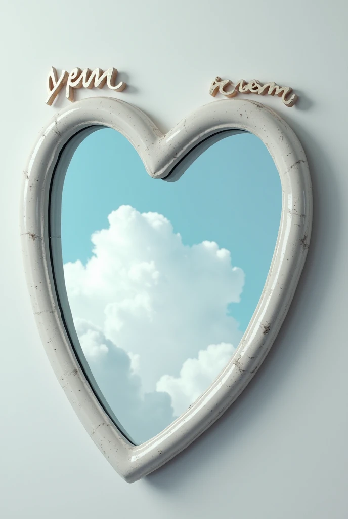  Create a mirror in the shape of asymmetric curves ,  on the top of the mirror put the word "rem"  and on the bottom by the word  " Excuse me ", Write it upside down ,  and that it is accompanied by the phrase  "I LOVE YOU".  Inside the mirror with clouds ...