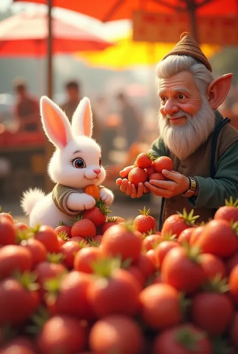 "A traditional market filled with piles of bright red fresh carrots.  A traditional market filled with piles of fresh strawberries in bright red {x} A An old man with a friendly smile and eyes full of warmth while thrusting a carrot and a white rabbit tail...