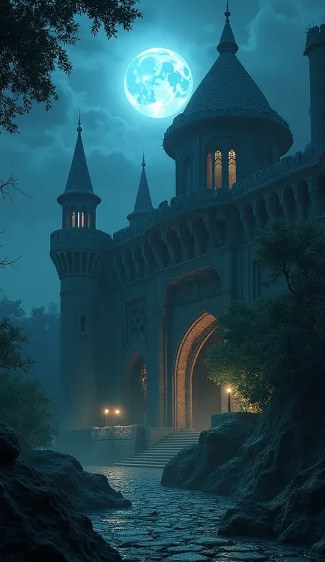 A legendary Persian castle illuminated by moonlight, secret passageways and hidden warriors lurking within, an eerie and mystical atmosphere filling the air.hyperrealistic,cinematic,4k